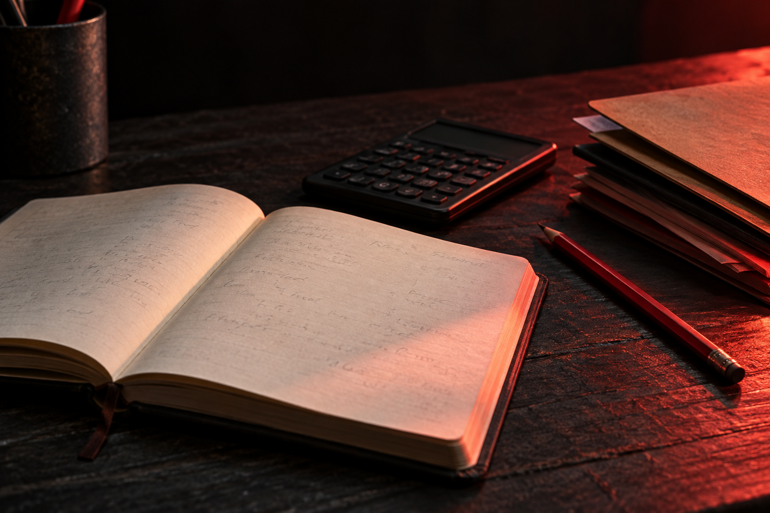 Notebook, calculator and folders arranged on a dark desk