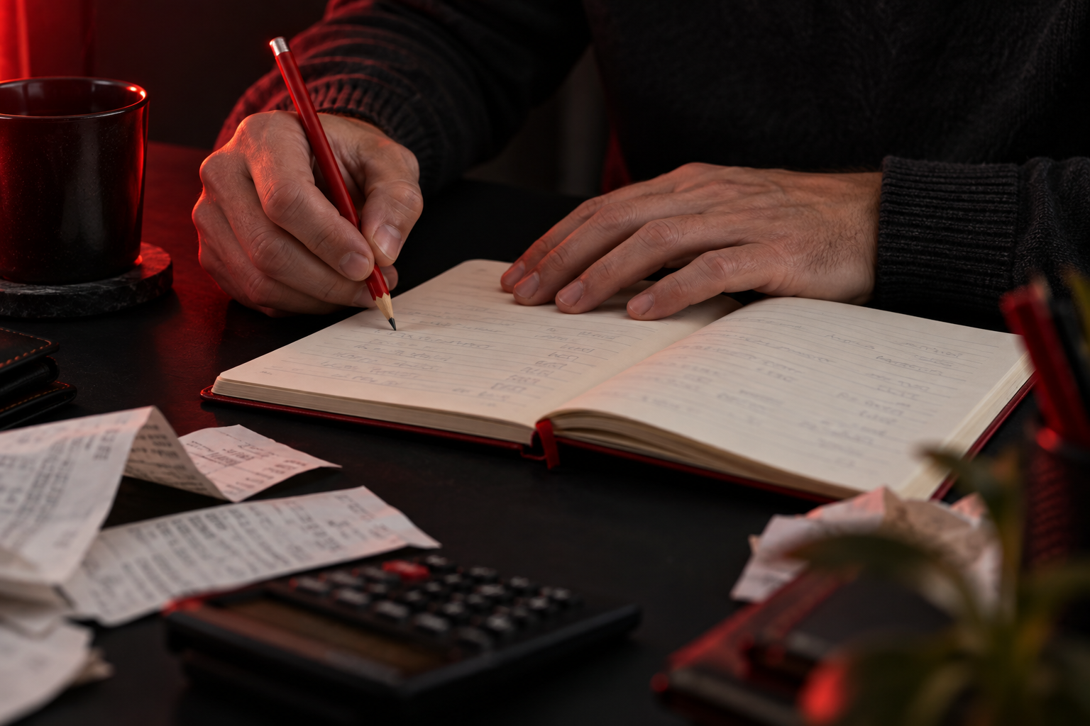 Hands using a pencil and notebook during a personal planning exercise